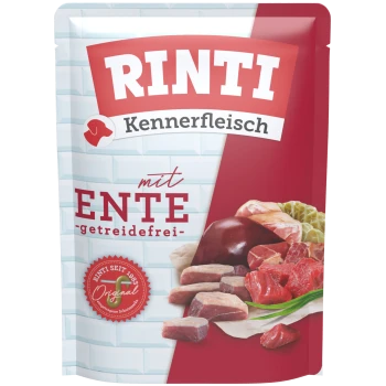 RINTI Kennerfleisch getreidefreies Hundefutter mit Ente, zeigt rohe Fleischstücke und eine rot-weiße Verpackung.