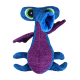 Buntes Plüsch-Drachen-Spielzeug mit blauer und lila Stoff, großen grünen Augen und einer verspielten Pose, ideal für Haustiere.