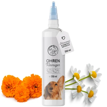 Flasche mit Ohrreiniger für Haustiere, beschriftet "OHREN Reiniger," 250 ml, mit Blumen und Ringelblumen daneben.