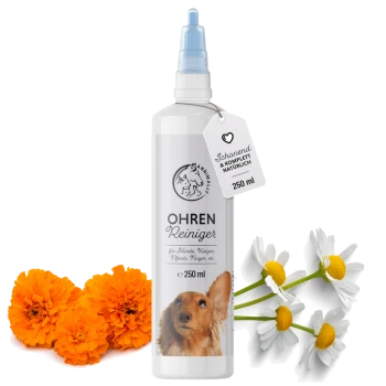 Flasche mit Ohrreiniger für Haustiere, beschriftet "OHREN Reiniger," 250 ml, mit Blumen und Ringelblumen daneben.