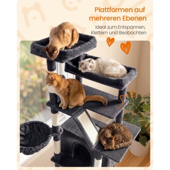 Grauer mehrstufiger Kratzbaum mit vier entspannten Katzen; deutsche Überschrift 'Plattformen auf mehreren Ebenen' sichtbar