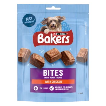 Blue Purina Bakers Bites dog treat pouch with dog photo, kibble cubes and text BITES, WITH CHICKEN and NO RAWHIDE.