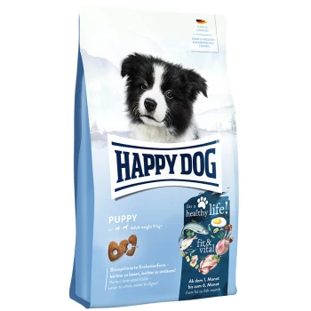 Hundefuttertüte mit einem Border Collie Welpen, beschriftet mit 'HAPPY DOG PUPPY', mit Details zur Kibble-Größe und den Nährwertvorteilen.