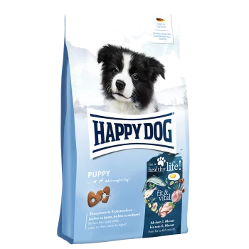 Hundefuttertüte mit einem Border Collie Welpen, beschriftet mit 'HAPPY DOG PUPPY', mit Details zur Kibble-Größe und den Nährwertvorteilen.