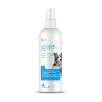 Anti-Zecken-Grasmilbenspray, 2x 200ml Anti-Zecken- und Milbenspray für Hunde in einer weißen Sprühflasche, mit einem Hundebild und Text, der den Schutz vor Zecken und Milben beschreibt.