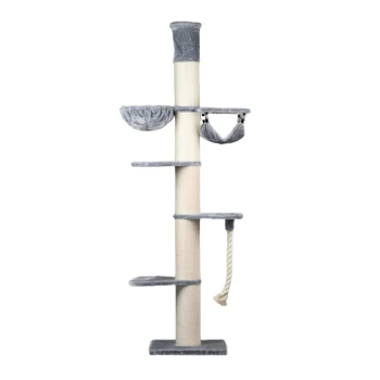 Katzenbaum mit mehreren Ebenen, Kratzpfosten und hängender Hängematte, mit einem weichen grau-beigen Design.