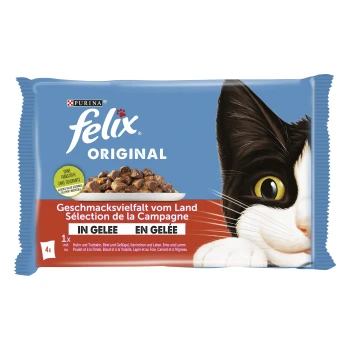 Paquet de nourriture pour chats Felix Original présentant le visage d'un chat noir et blanc, avec du texte indiquant "Geschmacksvielfalt vom Land" et "IN GELEE".