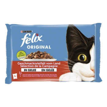 Packung Felix Original Katzenfutter mit dem Gesicht einer schwarz-weißen Katze, mit dem Text 'Geschmacksvielfalt vom Land' und 'IN GELEE'.