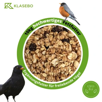 Fettfutter 10 kg, Streufutter, Wildvogelfutter, Wildvogelmischung Nahaufnahme von 10 kg hochwertigem Vogelfutter mit dem Text 'Ergänzungsfutter für freilebende Vögel' und 'GVO frei.'