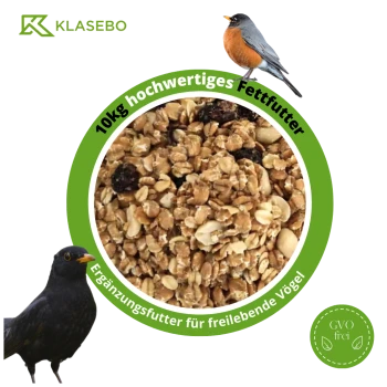 Nahaufnahme von 10 kg hochwertigem Vogelfutter mit dem Text 'Ergänzungsfutter für freilebende Vögel' und 'GVO frei.'