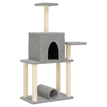 Grauer Katzenbaum mit mehreren Ebenen, einem gemütlichen Versteck und einem Tunnel zum Spielen. Ideal zum Klettern und Ausruhen.