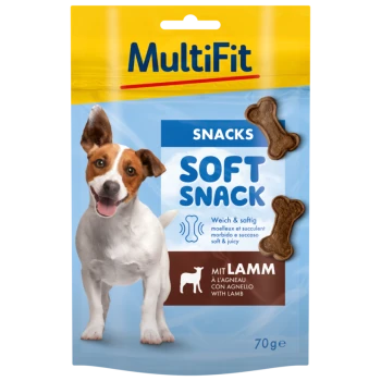 Snack Soft MultiFit pour chiens, emballage de 70g, mettant en avant un chien joueur et des friandises en forme d'os marron. Le texte met en avant "avec de l'agneau" et "doux & juteux."