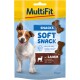 MultiFit Soft Snack for dogs, 70g package, featuring a playful dog and brown bone-shaped treats. Text highlights "with lamb" and "soft & juicy."