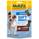 MultiFit Soft Snack für Hunde, 70g Packung, mit einem verspielten Hund und braunen, knochenförmigen Leckerlis. Der Text hebt "mit Lamm" und "weich & saftig" hervor.