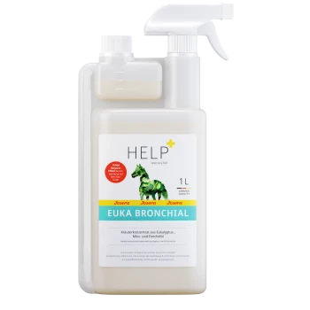 Josera HELP Euka Bronchial, ein 1L Kräuterkonzentrat für Pferde, mit Eukalyptus-, Minz- und Fenchelöl; fördert die Atemwegsgesundheit.