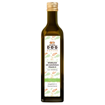 Flasche DOG NATIVE Wildfischöl mit natürlichem Vitamin E, 500 ml, mit einem verspielten Design und Fischillustrationen.