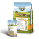 Eine Tüte Bellfor Premium-Hundefutter mit der Aufschrift "Naturgut-Schmaus" und Nährwertinformationen, neben einem Päckchen "Immune Powder" für Haustiere.