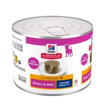 Dose Hill's Science Plan Soft Mousse Hundefutter, Huhn, Small & Mini Mature Adult 7+, mit der Aufschrift 'Made in Italy'.