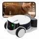Eine robotische Haustierkamera mit Rädern ist im Vordergrund, während eine Nahaufnahme einer flauschigen orangefarbenen Katze auf einem Smartphone-Bildschirm dahinter angezeigt wird.