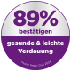 Rundes lila-silbernes Abzeichen mit der Aufschrift: „89% bestätigen gesunde & leichte Verdauung *Home Tester Club 2024“.