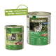 Zwei Dosen "Wilderness Deep Forest" Hundefutter für Erwachsene, mit einem Wolf-Label und dem Hinweis auf ein neues Design und verbesserte Formel.