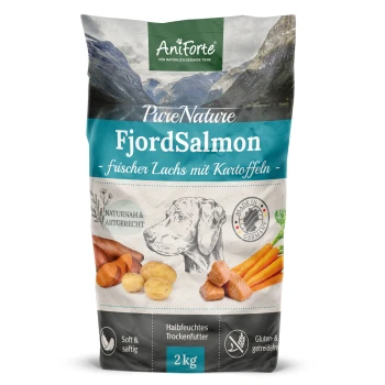 Hundefutterbeutel mit der Aufschrift 'AniForte PureNature FjordSalmon', der Lachs und Kartoffeln zeigt, mit einer Hundillustration und dem Gewicht '2 kg'.