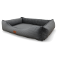 Ecksofa für Haustiere aus grauem Cord mit weichem, strukturiertem Stoff und plüschiger Armlehne. Ideal für den Komfort und Stil von Haustieren.