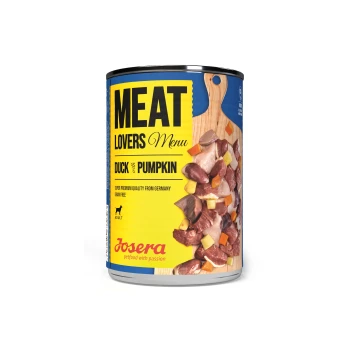 Nassfutter Hund, Adult, Meat Lovers Menu, Ente 6x400 g Dosen-Hundefutter mit der Aufschrift "Meat Lovers Menu Ente mit Kürbis," mit Fleisch- und Gemüsestücken, von Josera, getreidefrei, super Premium-Qualität.