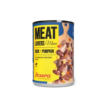 Dosen-Hundefutter mit der Aufschrift "Meat Lovers Menu Ente mit Kürbis," mit Fleisch- und Gemüsestücken, von Josera, getreidefrei, super Premium-Qualität.