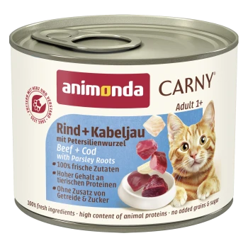 Dose Animonda CARNY Katzenfutter: Rind + Kabeljau mit Petersilienwurzeln, Adult 1+, Bild einer orangefarbenen Katze