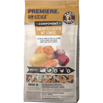 RAW KITCHEN Kartoffelflocken mit Gemüse 1,5 kg Verpackung von Premiere Raw Kitchen Kartoffelflocken mit buntem Gemüse und dem Text "B.A.R.F. System", plus Anweisungen "Mix it!"