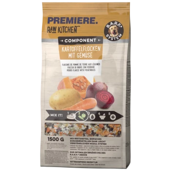 Verpackung von Premiere Raw Kitchen Kartoffelflocken mit buntem Gemüse und dem Text "B.A.R.F. System", plus Anweisungen "Mix it!"