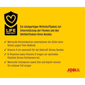 Josera-Logo auf einem gelben runden Abzeichen mit grünen Bäumen und dem Text 'CO2' und 'KLIMANEUTRALE PRODUKTION.'