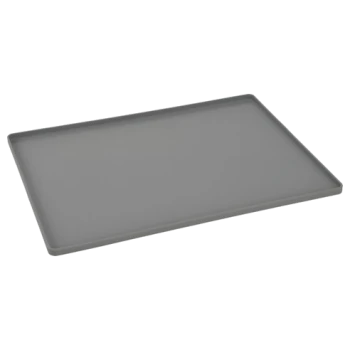 Gray pet food tray with raised edges, designed for easy cleaning and preventing spills.