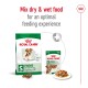 Royal Canin mini dog food packaging featuring dry and wet food options for dogs aged 12+, with a note on optimal feeding experience.