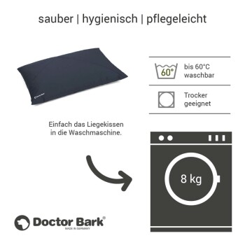 Ein dunkelblaues Haustierbett mit der Aufschrift "Doctor Bark", das angibt, dass es bis zu 60°C waschbar, trocknergeeignet und leicht zu reinigen ist.