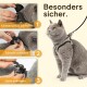 Eine graue Katze in einem Geschirr wird in drei Schritten gezeigt: Klettverschluss schließen, Schnalle befestigen und Leine anbringen. Text: "Besonders sicher."