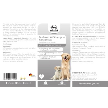 Fortan Teebaumöl-Shampoo für Hunde, mit einem Golden Retriever und einem Welpen auf dem Etikett, mit Teebaumöl und Glycerin als Inhaltsstoffe.