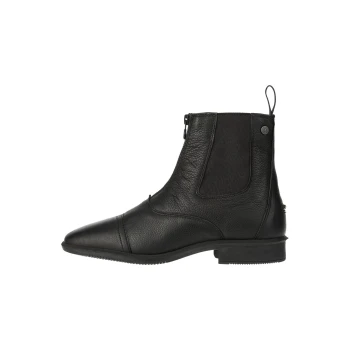 Schwarze Leder-Ankle-Boots mit seitlichem Reißverschluss und elastischen Einsätzen, mit einer spitzen Zehenform und einem niedrigen Absatz.
