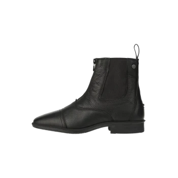Schwarze Leder-Ankle-Boots mit seitlichem Reißverschluss und elastischen Einsätzen, mit einer spitzen Zehenform und einem niedrigen Absatz.