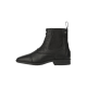 Schwarze Leder-Ankle-Boots mit seitlichem Reißverschluss und elastischen Einsätzen, mit einer spitzen Zehenform und einem niedrigen Absatz.