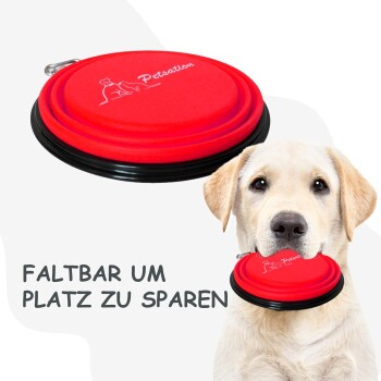 Rote faltbare Haustierfrisbee mit einem schwarzen Rand, mit dem Text "FALTBAR UM PLATZ ZU SPAREN" neben dem Kopf eines Hundes.