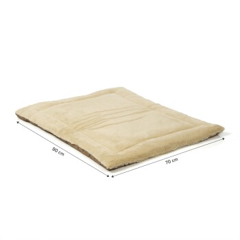 Beige Haustierbett mit den Maßen 90 cm mal 70 cm, mit einer weichen, plüschigen Oberfläche und einem einfachen, rechteckigen Design.