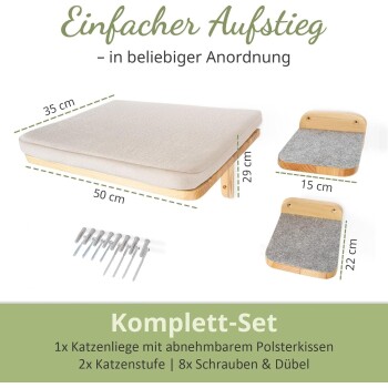 Katzenliege und Stufen-Set mit abnehmbarem Polsterkissen, Maße: Liege 50x35 cm, Stufen 15x22 cm, inkl. Schrauben und Dübel.