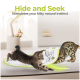 Zwei getigerte Kätzchen spielen mit einem weiß-grünen Versteck-Tunnel und einem Schmetterlingsspielzeug; sichtbarer Text: 'Verstecken spielen — stimuliert den natürlichen Instinkt Ihrer Katze'.