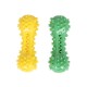 Deux jouets à mâcher en caoutchouc à picots jaunes et verts avec lignes ondulées au centre sur fond blanc.