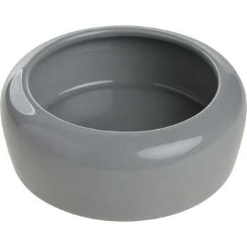 Graue Keramik-Haustierfutterschüssel mit einer glatten, glänzenden Oberfläche und einem abgerundeten Design.