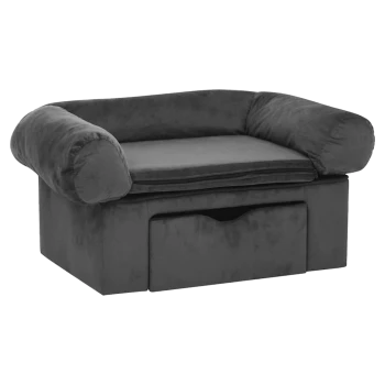 Graues Haustiersofa mit plüschigen Armlehnen und einem abnehmbaren Kissen, mit einer Schublade zur Aufbewahrung darunter.