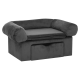 Graues Haustiersofa mit plüschigen Armlehnen und einem abnehmbaren Kissen, mit einer Schublade zur Aufbewahrung darunter.
