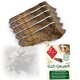 Elchgeweih-Hundekau-Sticks, präsentiert mit einem Etikett, das "Elch-Geweih, natürliche Kausnack" und Vorteile auf Deutsch zeigt.